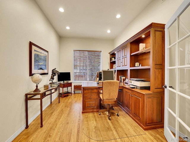2571 Hunters Pl, Highlands Ranch, CO 80129 - office with light wood-type flooring, baseboards, and recessed lighting