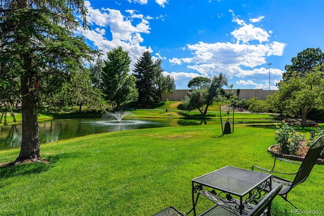 view of community featuring a yard and a water view