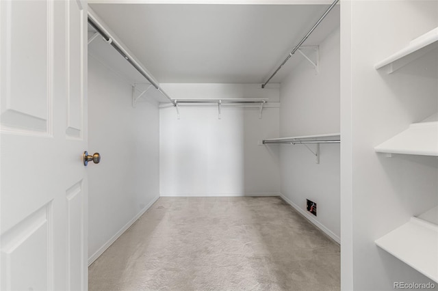 walk in closet with light carpet