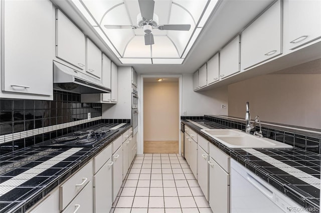 7000 E Quincy Ave Unit 204, Denver, CO 80237 - kitchen featuring under cabinet range hood, a sink, white cabinetry, decorative backsplash, and ceiling fan
