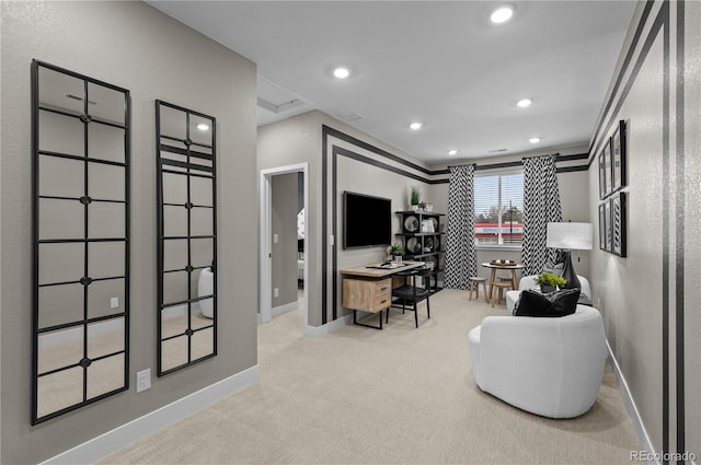 interior space featuring crown molding and light colored carpet