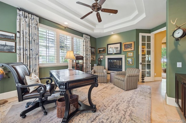 5335 E 2nd Ave, Denver, CO 80220 - office with a ceiling fan, a tray ceiling, baseboards, tile patterned floors, and recessed lighting