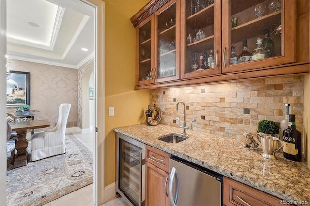5335 E 2nd Ave, Denver, CO 80220 - indoor wet bar with beverage cooler, refrigerator, crown molding, light tile patterned floors, and backsplash