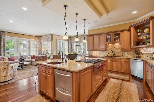 5335 E 2nd Ave, Denver, CO 80220 - kitchen featuring stainless steel appliances, a sink, wood finished floors, healthy amount of natural light, and crown molding