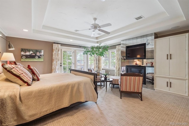 5335 E 2nd Ave, Denver, CO 80220 - bedroom featuring a tray ceiling, access to outside, light carpet, a ceiling fan, and recessed lighting