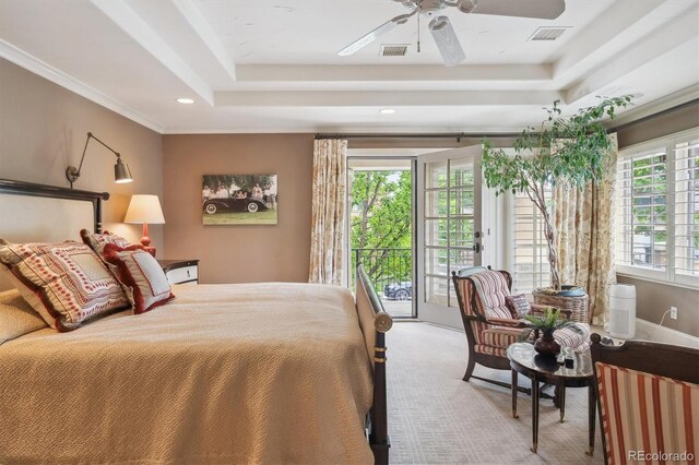 5335 E 2nd Ave, Denver, CO 80220 - bedroom featuring access to exterior, a tray ceiling, carpet, recessed lighting, and ceiling fan