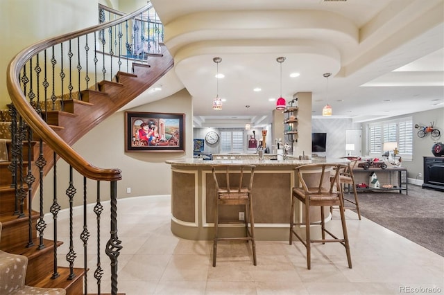 5335 E 2nd Ave, Denver, CO 80220 - bar area with baseboards, stairway, pendant lighting, recessed lighting, and light tile patterned flooring