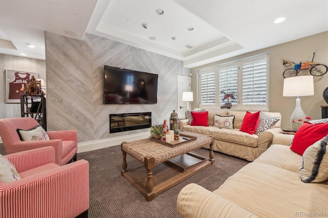 5335 E 2nd Ave, Denver, CO 80220 - carpeted living area with a fireplace, a tray ceiling, and recessed lighting