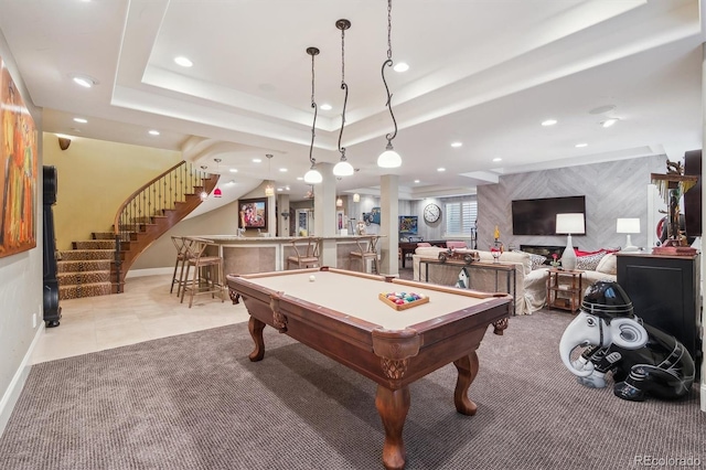 5335 E 2nd Ave, Denver, CO 80220 - game room featuring bar area, pool table, carpet floors, baseboards, and a tray ceiling