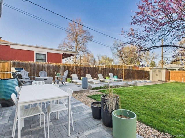 view of patio / terrace with a shed, a fenced backyard, and an outbuilding