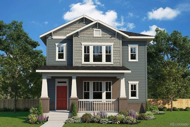 craftsman inspired home with a porch and a front yard