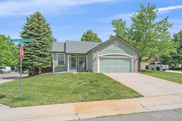 9406 Troon Village Way, Lone Tree, CO 80124 - view of front of house featuring a front lawn, a garage, concrete driveway, brick siding, and a shingled roof