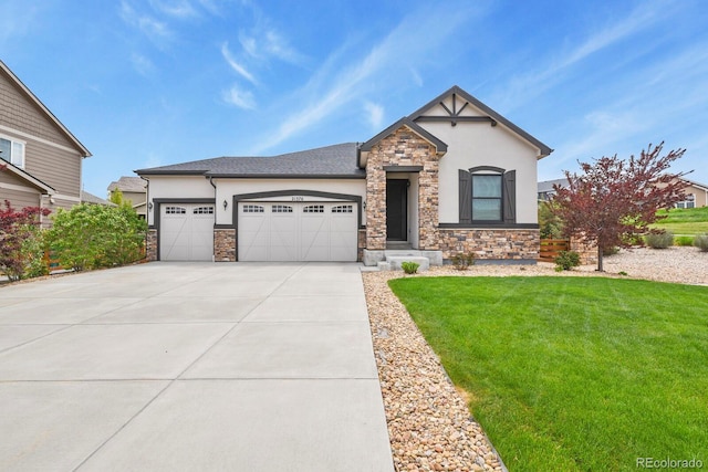 21376 E Union Pl, Aurora, CO 80015 - craftsman house featuring stucco siding, stone siding, concrete driveway, a front yard, and an attached garage
