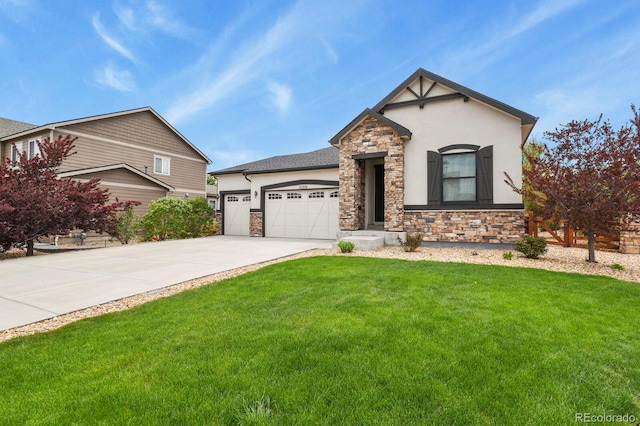 21376 E Union Pl, Aurora, CO 80015 - view of front of house featuring stone siding, an attached garage, stucco siding, driveway, and a front yard