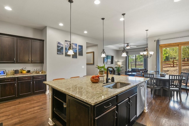 21376 E Union Pl, Aurora, CO 80015 - kitchen with a sink, dishwasher, dark wood-style floors, recessed lighting, and a center island with sink