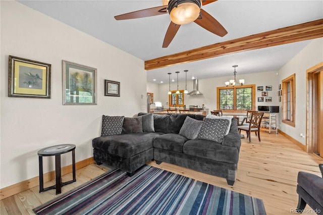 715 Clark Rd, Bailey, CO 80421 - living room with a chandelier, light wood finished floors, beamed ceiling, ceiling fan, and recessed lighting