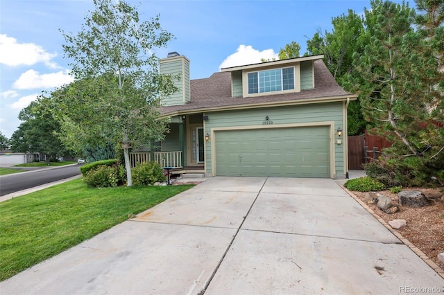 view of front of home with a garage, a porch, and a front lawn