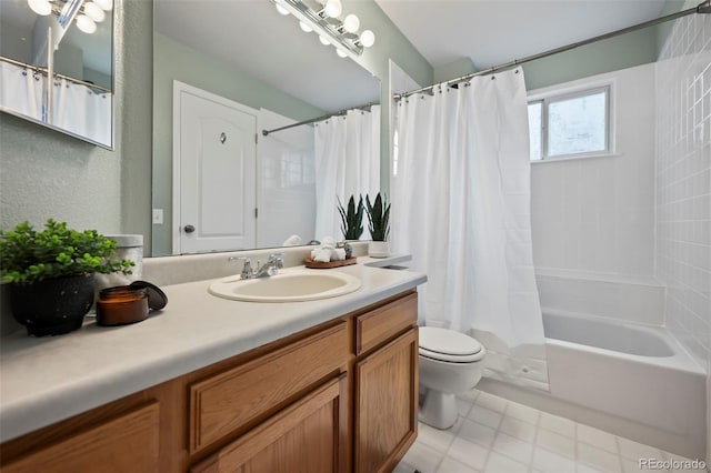 full bathroom with vanity, shower / bathtub combination with curtain, and toilet