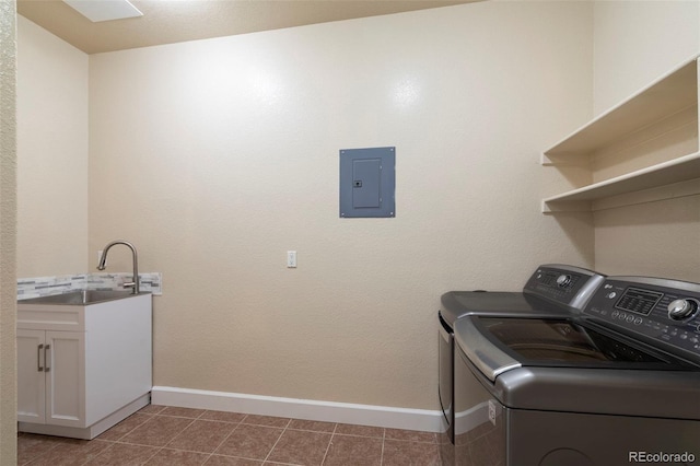 415 Butte Pkwy, Golden, CO 80403 - laundry area featuring washing machine and clothes dryer, electric panel, baseboards, cabinet space, and tile patterned floors