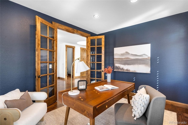 office with recessed lighting, baseboards, and wood finished floors