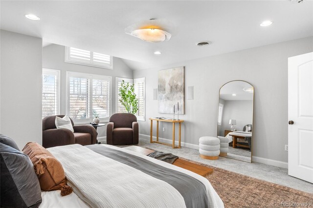 bedroom featuring baseboards, visible vents, lofted ceiling, carpet floors, and recessed lighting