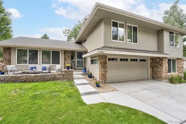 view of front of house featuring a shingled roof, concrete driveway, a front yard, stone siding, and an attached garage