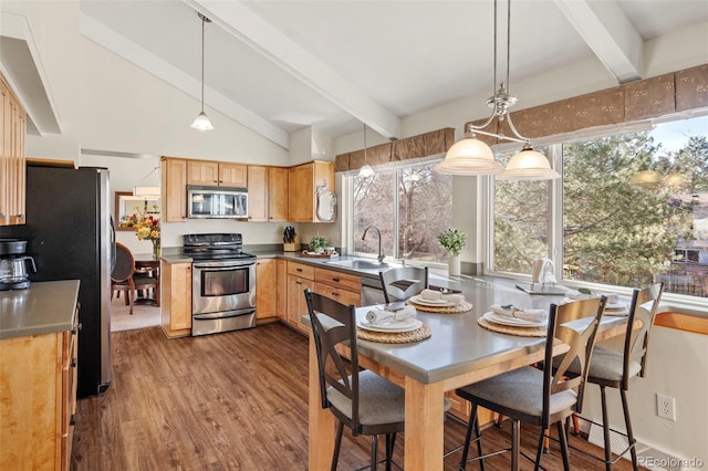 interior space with dark wood finished floors and lofted ceiling with beams