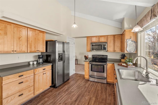 kitchen featuring dark countertops, a sink, pendant lighting, appliances with stainless steel finishes, and dark wood-style flooring