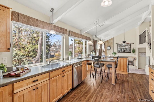 kitchen with a sink, dark wood-style floors, dishwasher, vaulted ceiling with beams, and hanging light fixtures