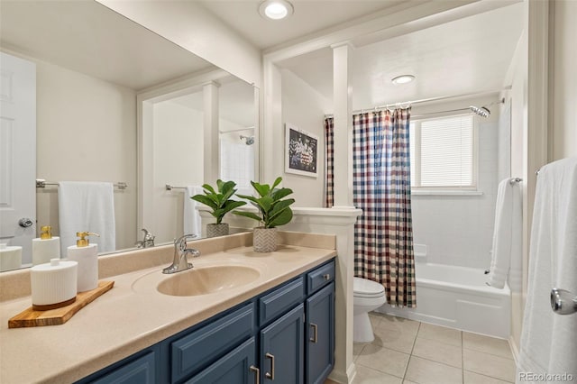 bathroom featuring vanity, tile patterned floors, toilet, and shower / bath combo