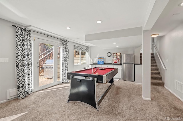 game room with pool table, recessed lighting, light colored carpet, and visible vents