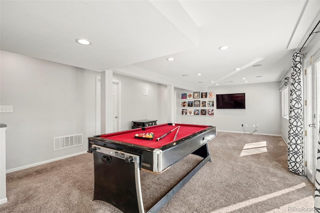 game room with recessed lighting, visible vents, carpet flooring, and baseboards