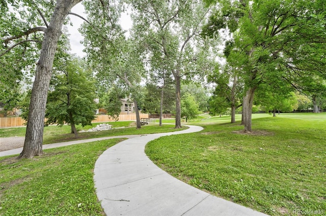 view of property's community featuring fence and a lawn