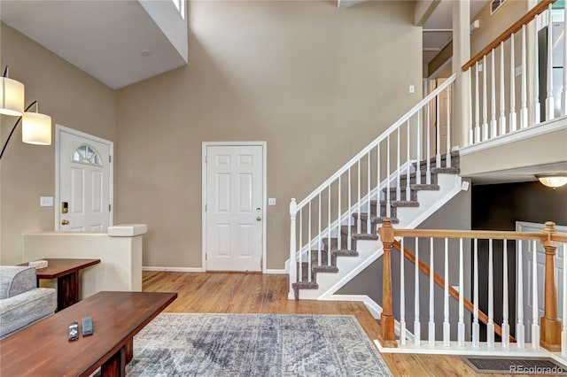 entrance foyer featuring a high ceiling and wood-type flooring