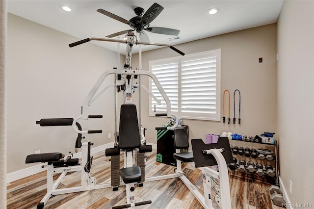 3308 County Road 19, Fort Lupton, CO 80621 - exercise room featuring wood finished floors, baseboards, ceiling fan, and recessed lighting