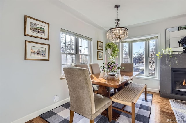 dining space with hardwood / wood-style flooring, a wealth of natural light, and a fireplace