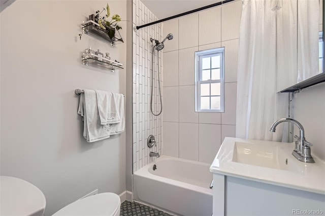 full bathroom with shower / bathtub combination with curtain, vanity, and toilet