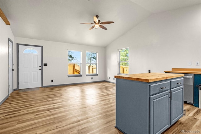 86 Will Stutley Dr, Divide, CO 80814 - kitchen with wood counters, ceiling fan, vaulted ceiling, gray cabinets, and light wood-style floors