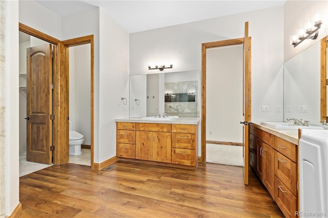 bathroom featuring wood finished floors, two vanities, a sink, and toilet