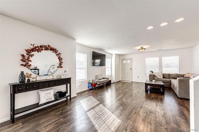 living room featuring a wealth of natural light and dark hardwood / wood-style floors