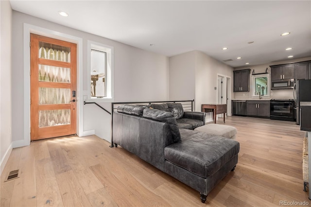 living room featuring light hardwood / wood-style floors and sink