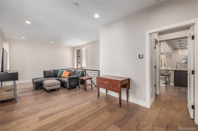 living room with light hardwood / wood-style floors and sink