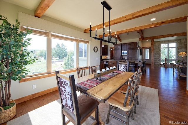 dining area with beamed ceiling, a chandelier, dark wood-style floors, and baseboards