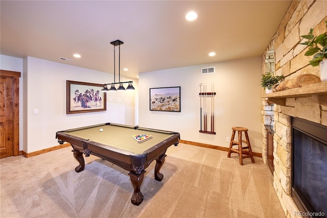 recreation room with light carpet, recessed lighting, baseboards, pool table, and a fireplace