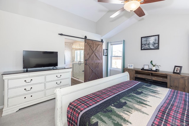 16102 Grebe Pl, Parker, CO 80134 - bedroom featuring a barn door, vaulted ceiling, carpet flooring, ceiling fan, and ensuite bath
