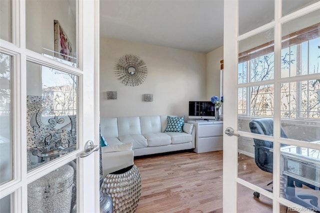 office with hardwood / wood-style floors and french doors