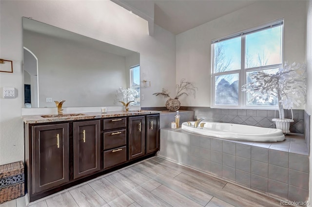 bathroom with tiled bath, vanity, and a healthy amount of sunlight