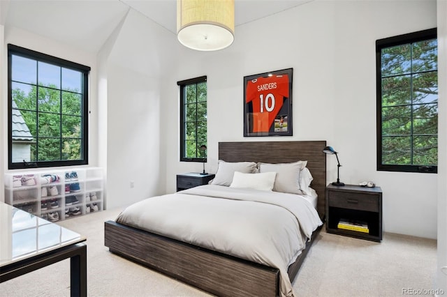 bedroom featuring carpet flooring and vaulted ceiling