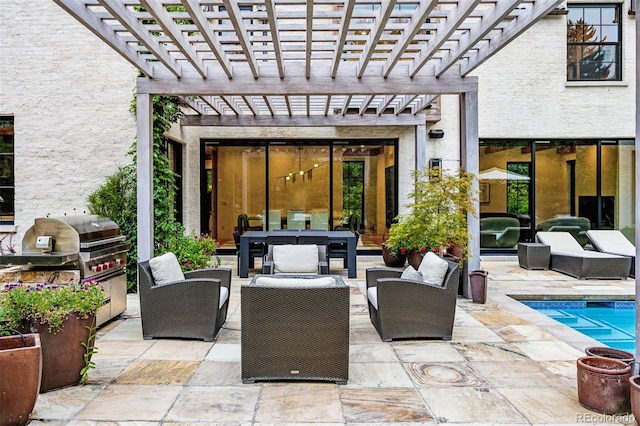 view of patio with a pergola, grilling area, and an outdoor hangout area