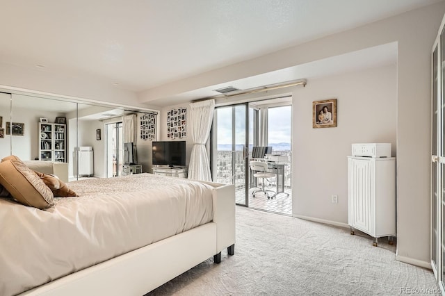 bedroom featuring carpet floors, a closet, visible vents, access to outside, and baseboards